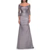La Femme Mermaid Satin Dress With Gathering And Off The Shoulder Top In Silver