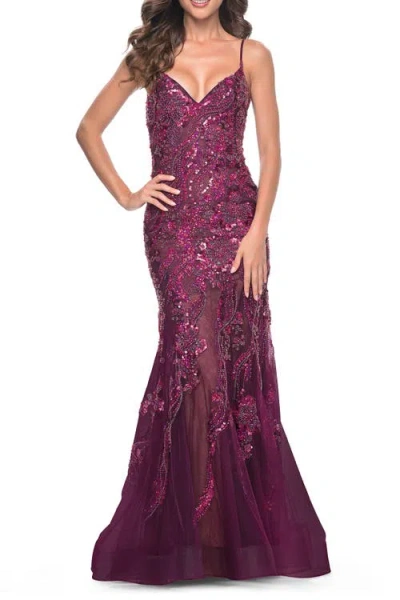 La Femme Mermaid Sequin And Beaded Embellished Prom Dress In Dark Berry