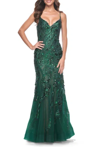La Femme Mermaid Sequin And Beaded Embellished Prom Dress In Emerald