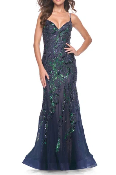 La Femme Mermaid Sequin And Beaded Embellished Prom Dress In Navy