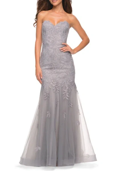 La Femme Mermaid Strapless Elegant Lace And Tulle Gown In Silver
