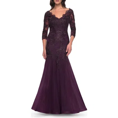 La Femme Mermaid Tulle And Lace Dress With Scallop Detailed Neckline In Dark Berry