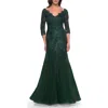 La Femme Mermaid Tulle And Lace Dress With Scallop Detailed Neckline In Emerald