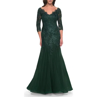 La Femme Mermaid Tulle And Lace Dress With Scallop Detailed Neckline In Emerald