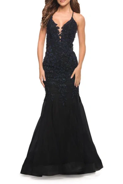 La Femme Mermaid Tulle And Lace Jeweled Prom Dress In Black