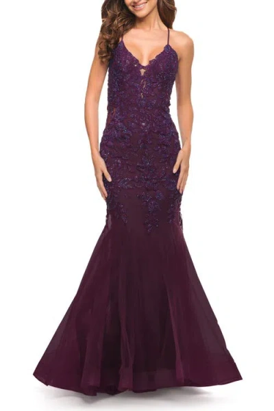 La Femme Mermaid Tulle And Lace Jeweled Prom Dress In Dark Berry