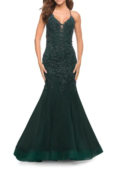 La Femme Mermaid Tulle And Lace Jeweled Prom Dress In Green