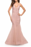 La Femme Mermaid Tulle And Lace Jeweled Prom Dress In Pink