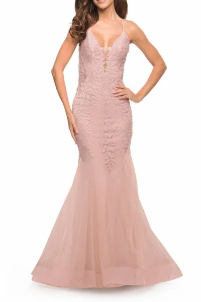 La Femme Mermaid Tulle And Lace Jeweled Prom Dress In Pink