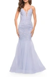 La Femme Mermaid Tulle And Lace Jeweled Prom Dress In Lilac Mist