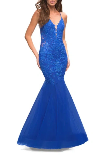 La Femme Mermaid Tulle And Lace Jeweled Prom Dress In Royal Blue