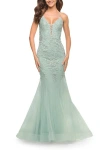La Femme Mermaid Tulle And Lace Jeweled Prom Dress In Sage
