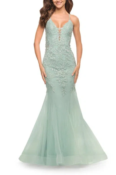 La Femme Mermaid Tulle And Lace Jeweled Prom Dress In Sage