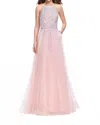 La Femme Metallic Beading Cascading Prom Dress In Blush In Pink
