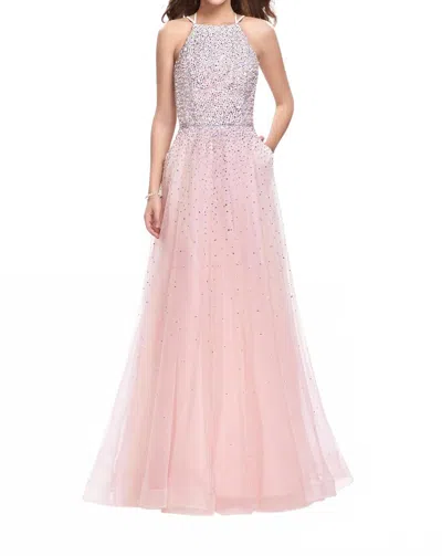 La Femme Metallic Beading Cascading Prom Dress In Blush In Pink