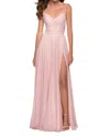 La Femme Metallic Chiffon Gown With Cross-over Ruched Bodice In Blush