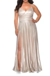 La Femme Metallic Grecian Long Plus Size Dress In Silver