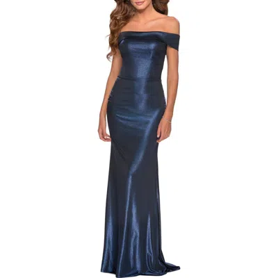 La Femme Metallic Jersey Long Off The Shoulder Prom Dress In Navy