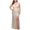 La Femme Metallic Jersey Plus Gown With Slit And V Neckline