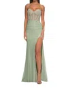 La Femme Metallic Net Jersey Illusion Top Prom Dress In Sage In Green