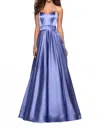 La Femme Metallic Satin A-line Dress In Dark Periwinkle In Blue