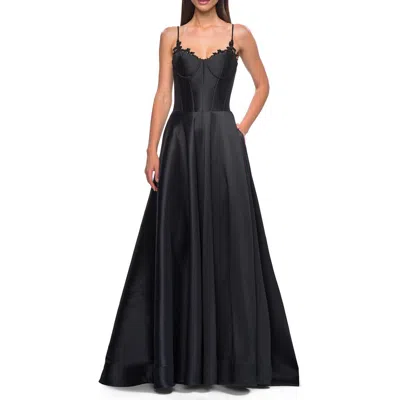 La Femme Mikado A-line Gown With Lace Detail Neckline In Black