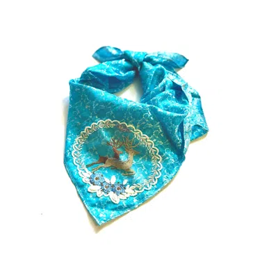 La Femme Mimi Women's Silk Scarf Embroidered Blue Deers
