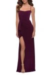 La Femme Modern Jersey Dress With Ruffle Detail On Skirt In Dark Berry