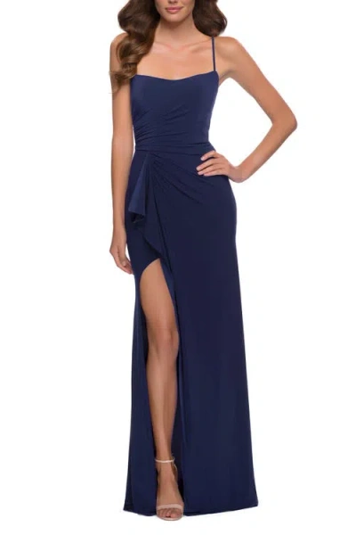 La Femme Modern Jersey Dress With Ruffle Detail On Skirt In Navy