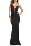 La Femme Modern Jersey Dress With Twist Band Details In Black