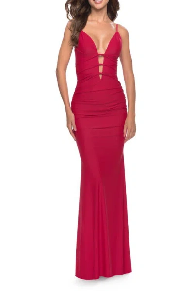La Femme Modern Jersey Dress With Twist Band Details In Red