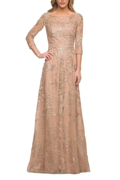 La Femme Mother Of The Bride Lace Dress With Three-quarter Sleeves In Light Gold