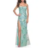 La Femme Multi Color Lace Floral Applique On Fitted Strapless Sage Gown