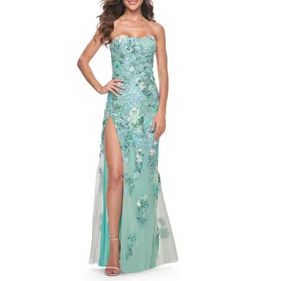 La Femme Multi Color Lace Floral Applique On Fitted Strapless Sage Gown