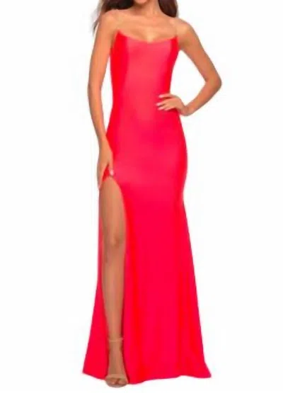 La Femme Neon Coral Gown In Red