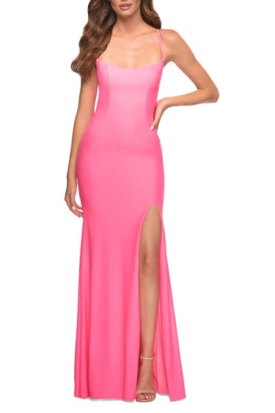 La Femme Neon Long Prom Dress In Light Coral