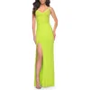 La Femme Neon Net Jersey Rhinestone Prom Dress With Corset Waist