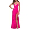 La Femme Neon Pink Jersey Gown With Knot Waist And Lace Up Back