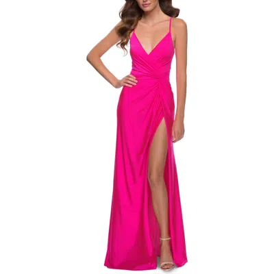 La Femme Neon Pink Jersey Gown With Knot Waist And Lace Up Back