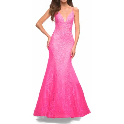 La Femme Neon Pink Mermaid Lace Prom Dress With Sheer Jeweled Bodice