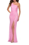 La Femme Neon Pink One Shoulder Sequin Dress With Open Back In Pink