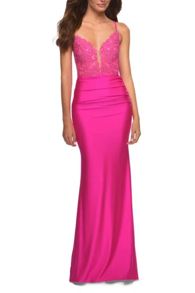 La Femme Neon Prom Dress With Beautiful Lace Bodice And Jersey Skirt In Neon Pink