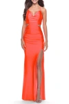 La Femme Neon Prom Dress With Side Cutouts And Open Tie Back