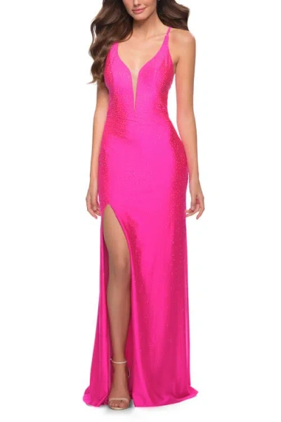 La Femme Neon Prom Gown With Rhinestone Fabric And Deep V In Neon Pink