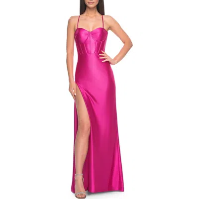 La Femme Neon Stretch Satin Gown With Bustier Top And Lace Up Back