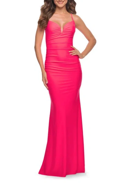 La Femme Neon Stunning Luxe Jersey Dress With Deep V Neckline In Neon Pink