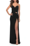 La Femme Net Jersey Dress With Cutouts And High Slit In Black