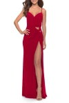 La Femme Net Jersey Dress With Cutouts And High Slit In Red