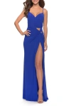 La Femme Net Jersey Dress With Cutouts And High Slit In Royal Blue