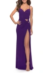 La Femme Net Jersey Dress With Cutouts And High Slit In Royal Purple